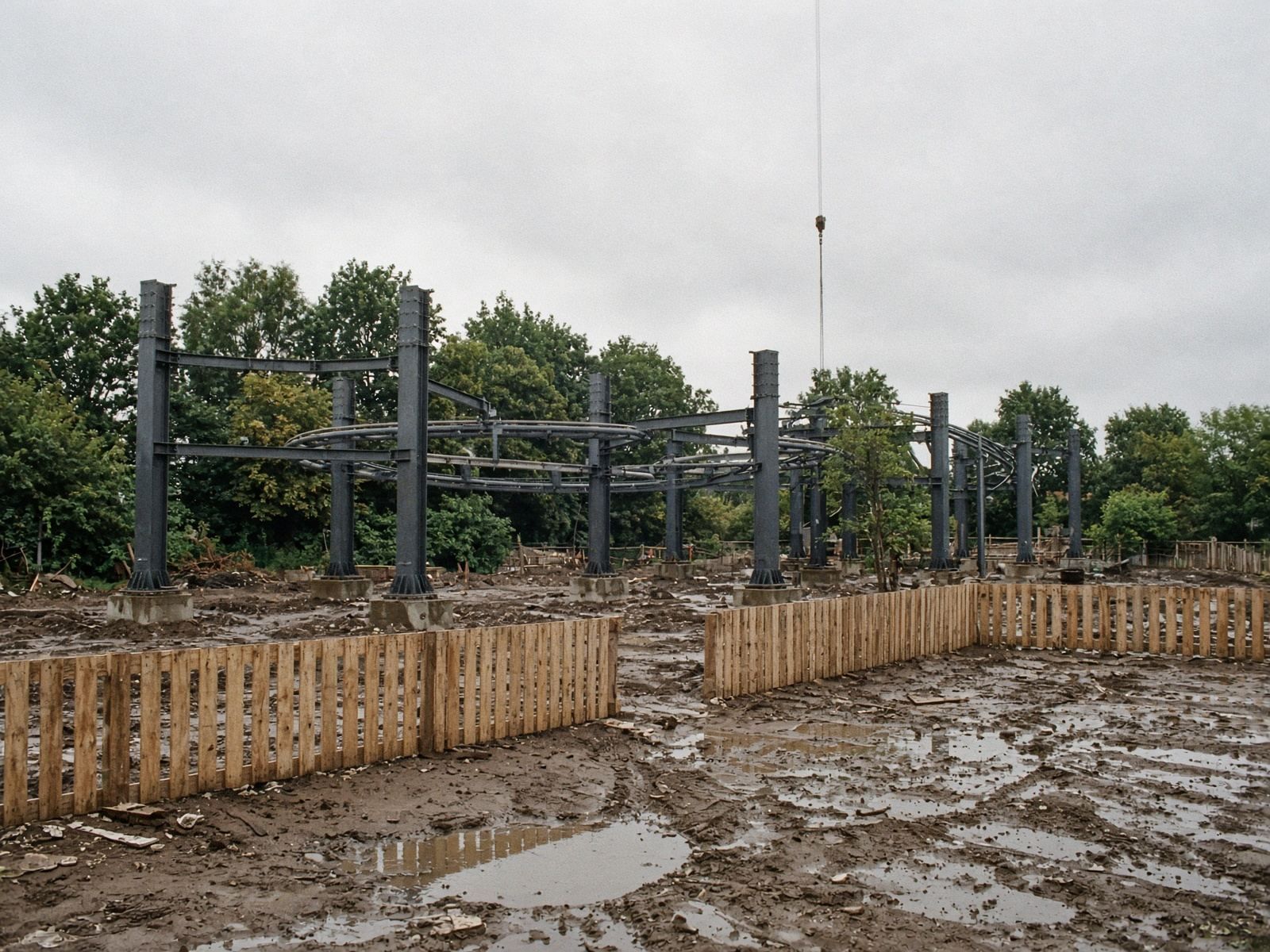 Ground being prepared for a new attraction, with steelwork going up