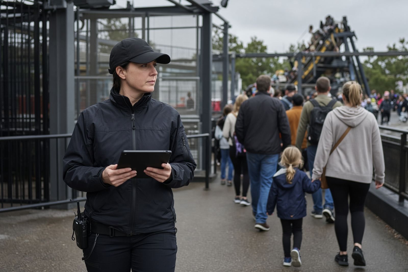 An observer recording guest movement on a tablet beside a busy park path