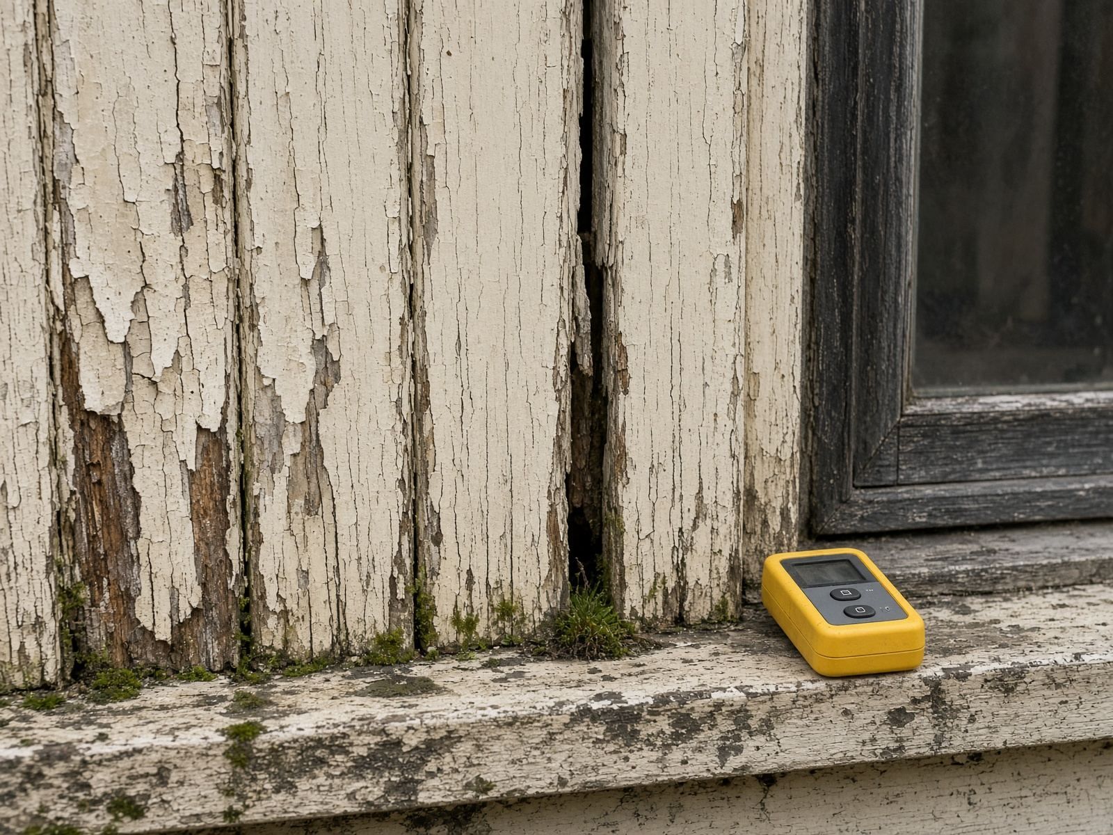 Peeling paint on a timber frame, with a moisture meter on the sill