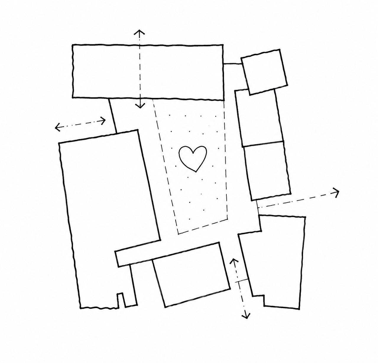Hand-drawn feasibility sketch showing building footprint, boundary offsets and site relationships