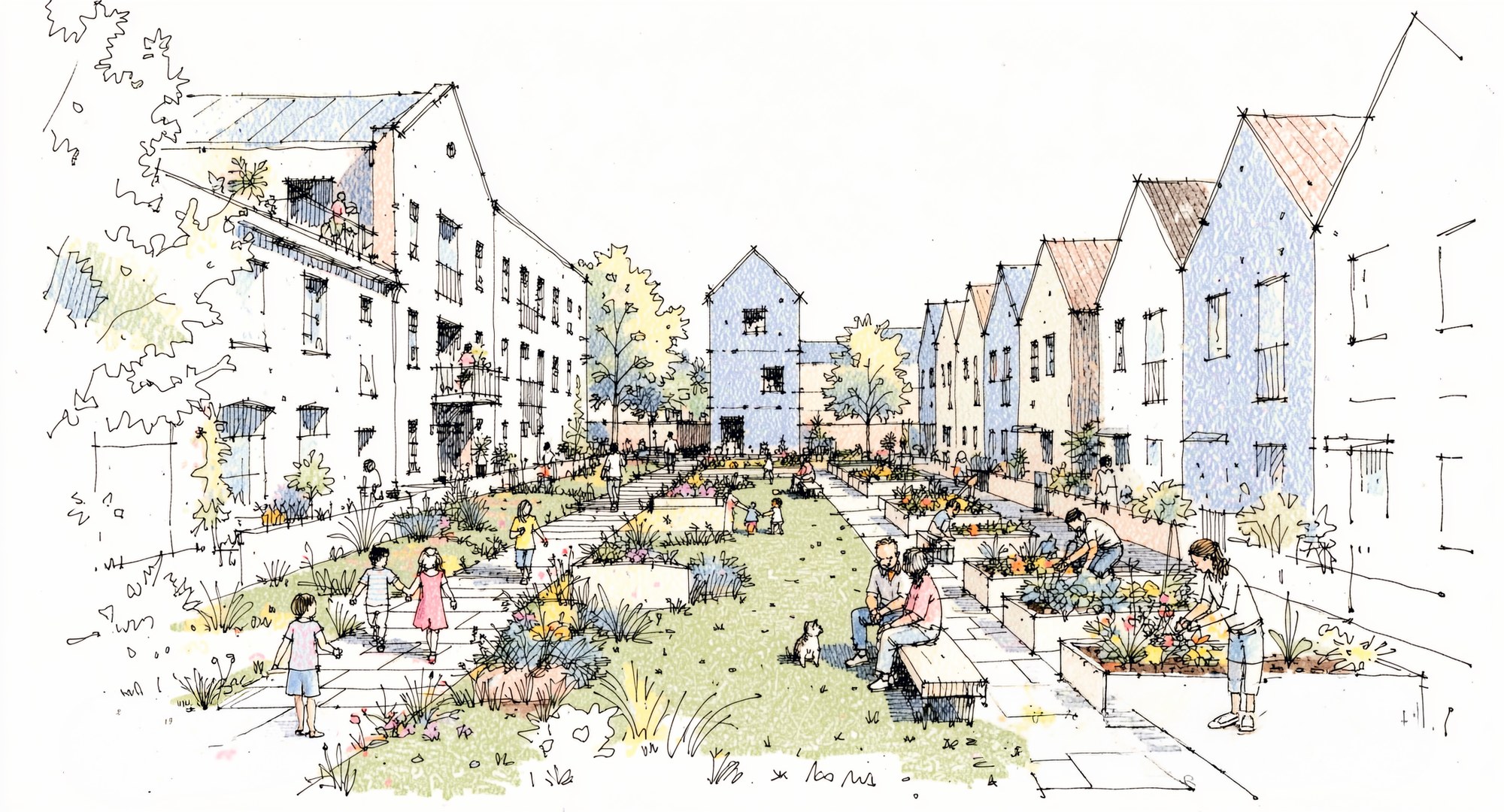 Canning Courtyard — sketch of gabled houses around a shared garden in Liverpool