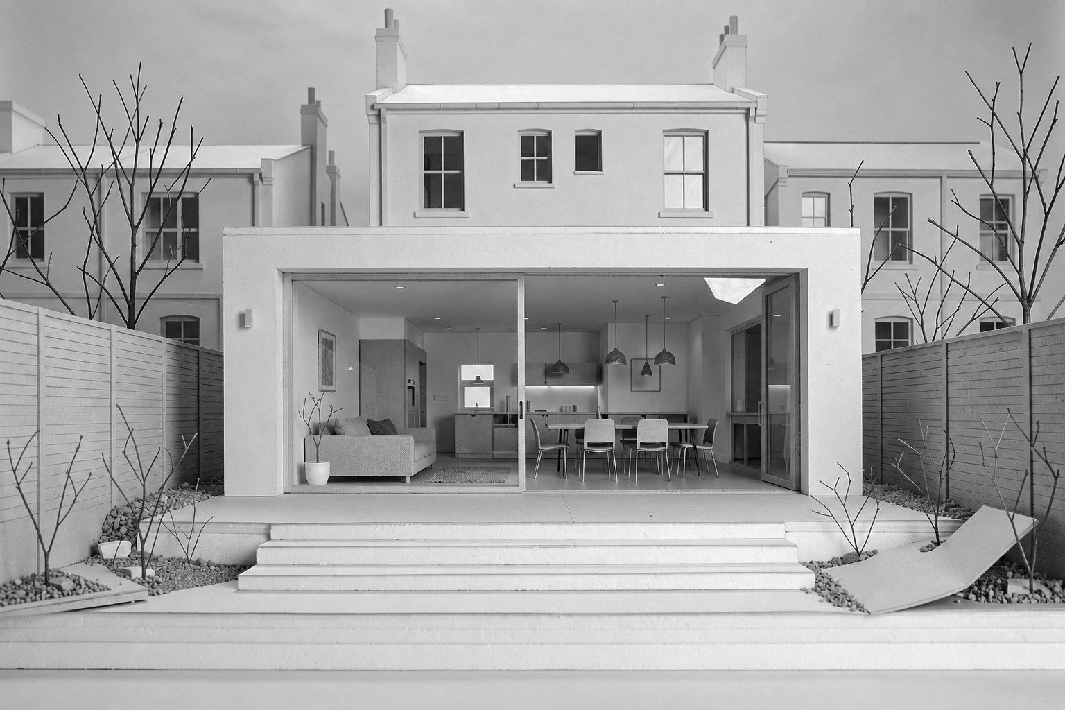 Chorlton House — model of a rear extension in Manchester, sliding glass to a kitchen-dining room and steps to the garden