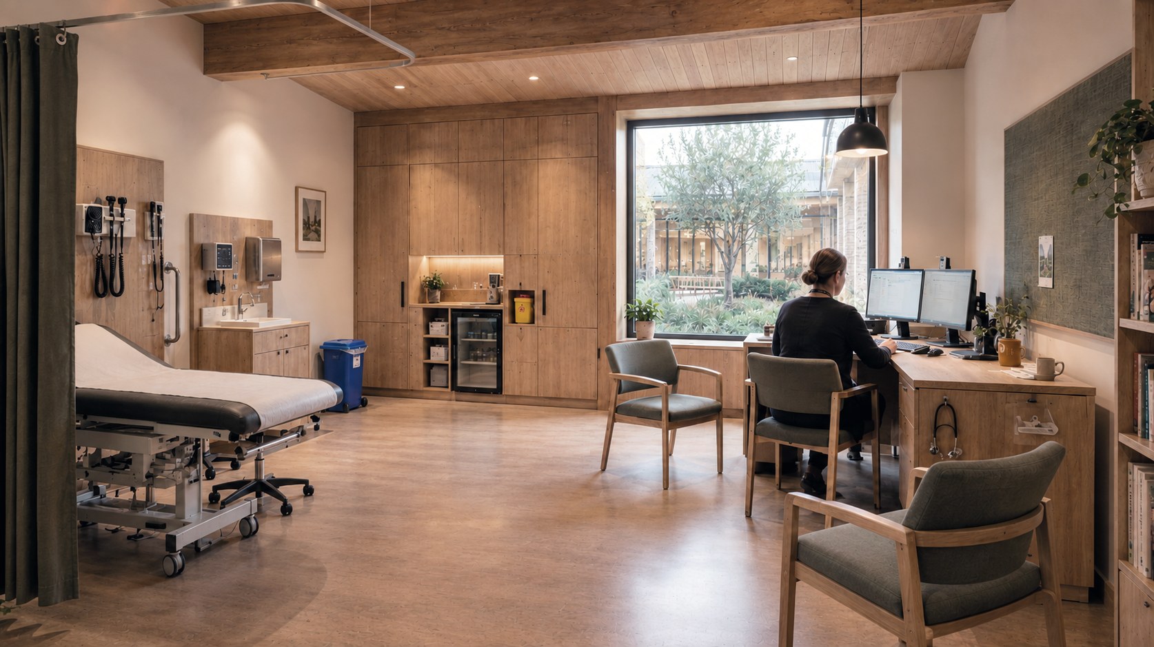 Courtyard Surgery — consulting room with examination couch, timber joinery and a window onto the planted courtyard