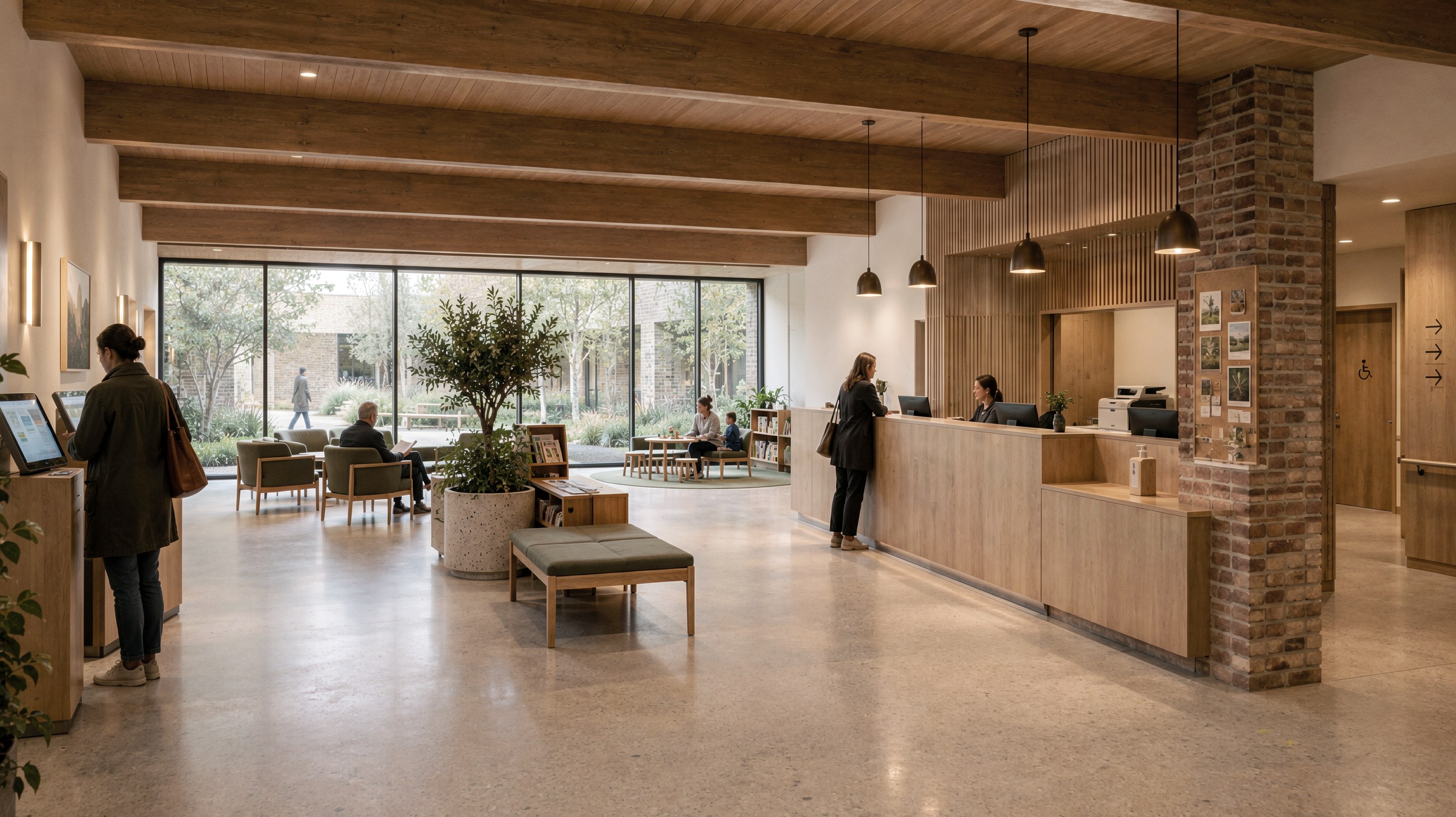 Courtyard Surgery — reception and waiting hall with glulam beams, brick pier and full-height glazing to the courtyard
