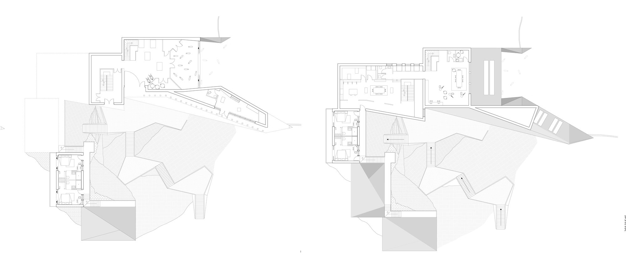 St Kilda textile factory — exploded axonometric of the workshop with looms and makers