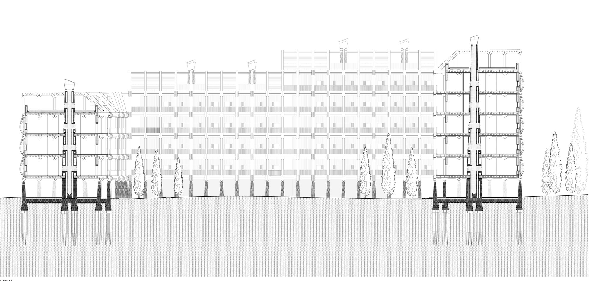 Venice Masterplan — long section through large-scale housing raised on piled foundations above the water