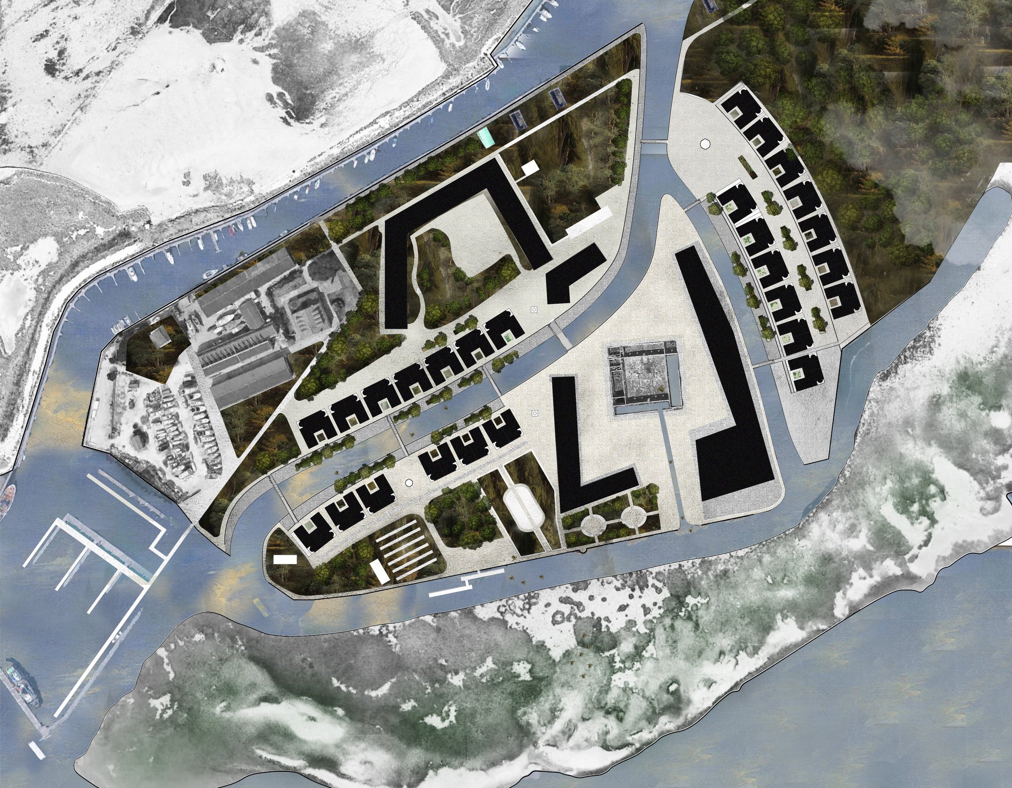 Venice Masterplan — aerial site plan of a lagoon-edge island, building footprints, public spaces and water on all sides