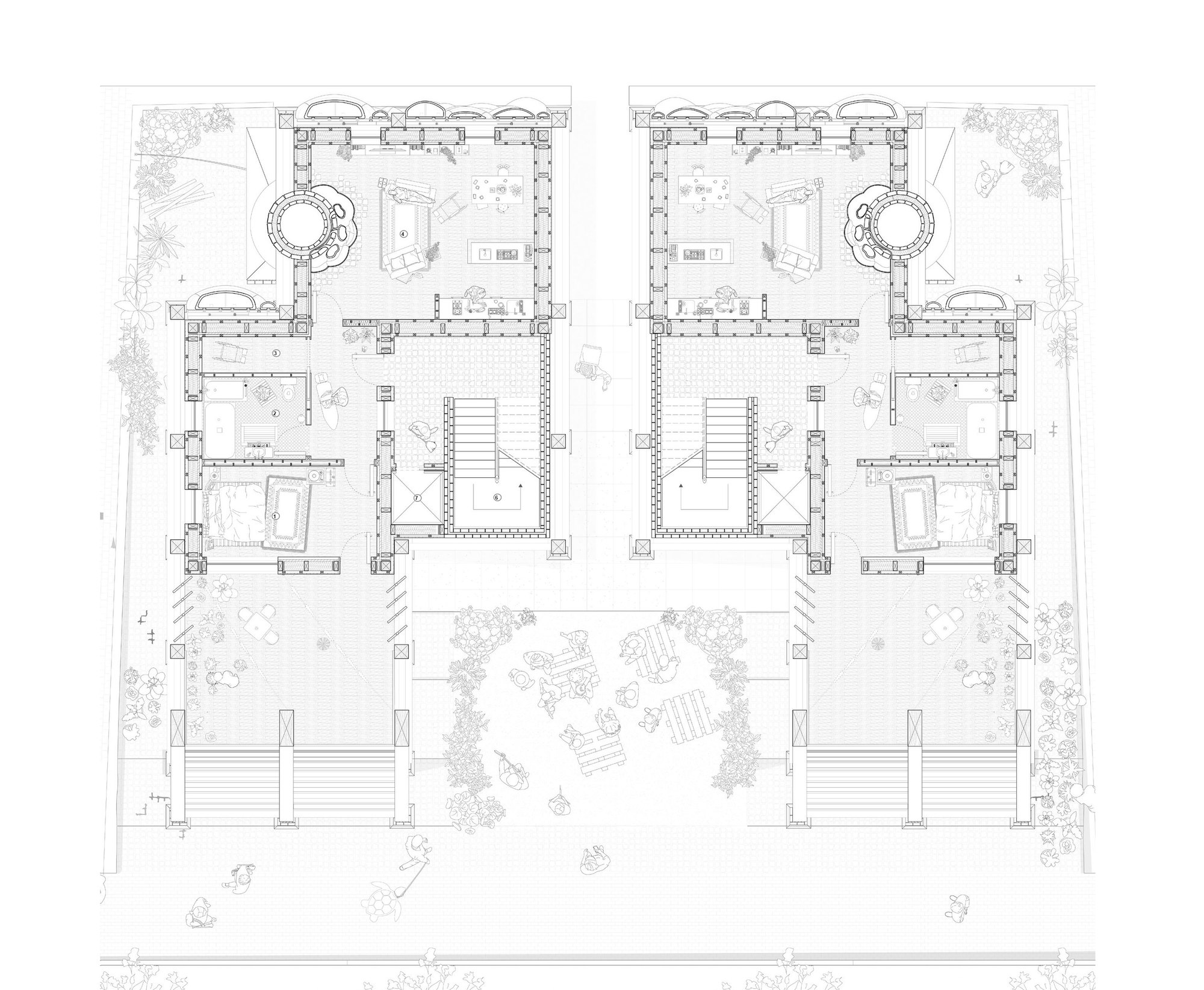Venice Residential and Urban — paired dwelling plans arranged around private courtyards and a shared garden