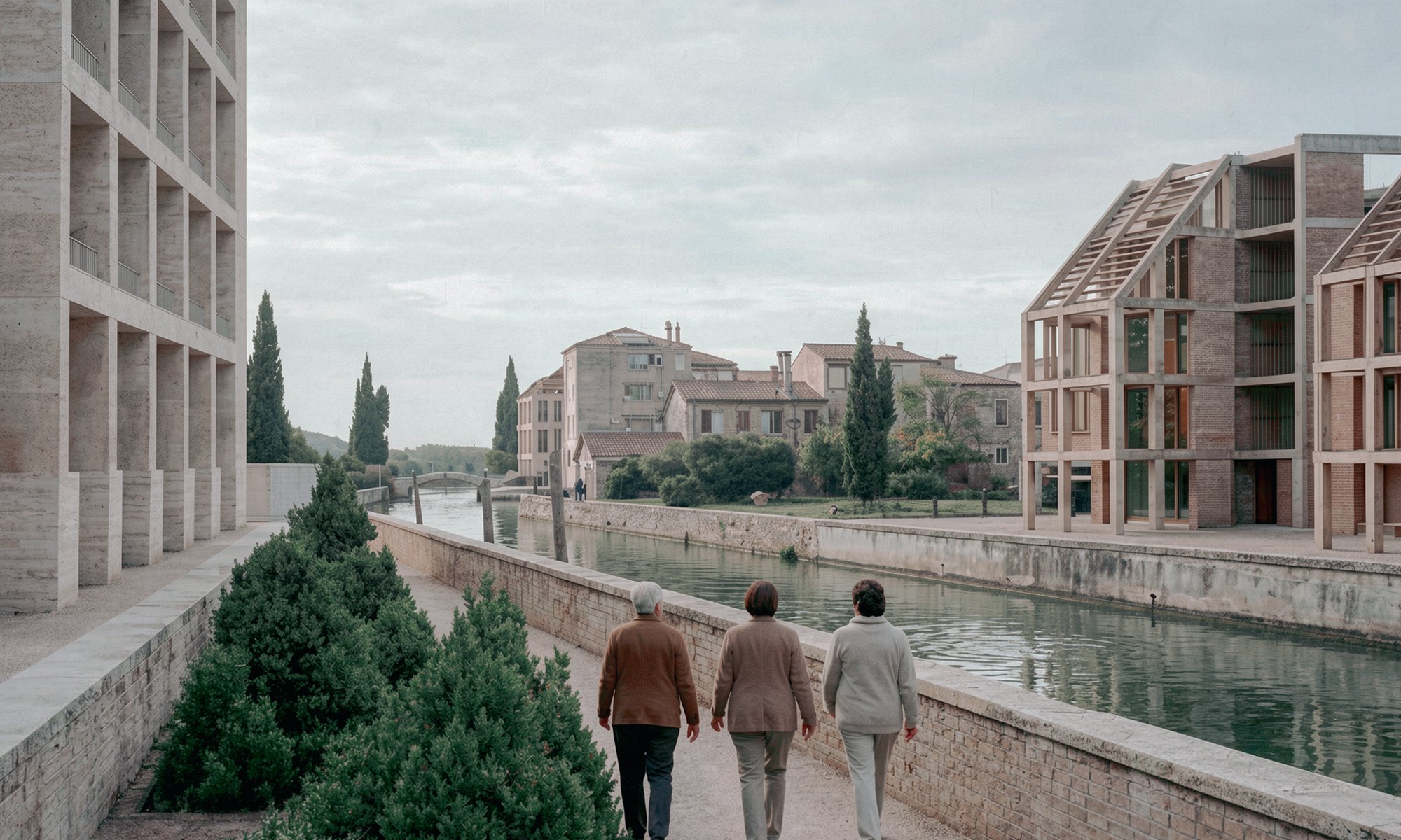 Venice Residential and Urban — canal-side housing with timber structural frames and brick infill, viewed along the water