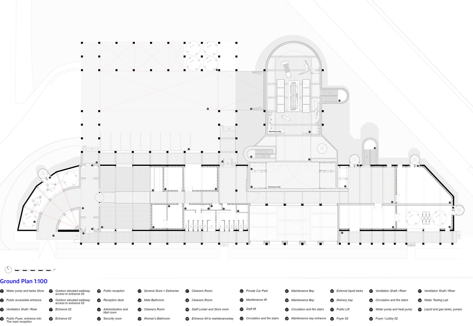 Wirral recycling facility — site plan labelled The Wirral, with circular process tanks and visitor building