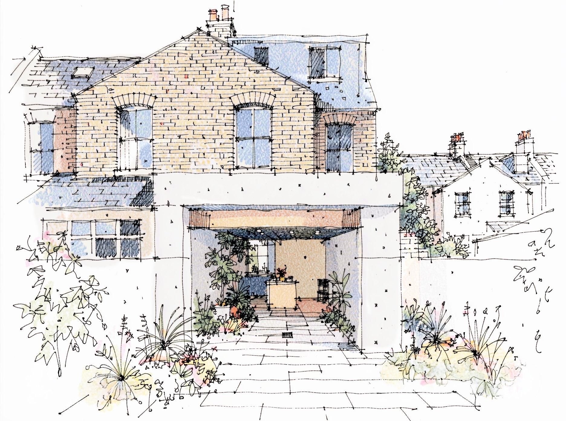 Hand-drawn ink and watercolour concept sketch of a rear extension to a period house, testing the feasibility of the design