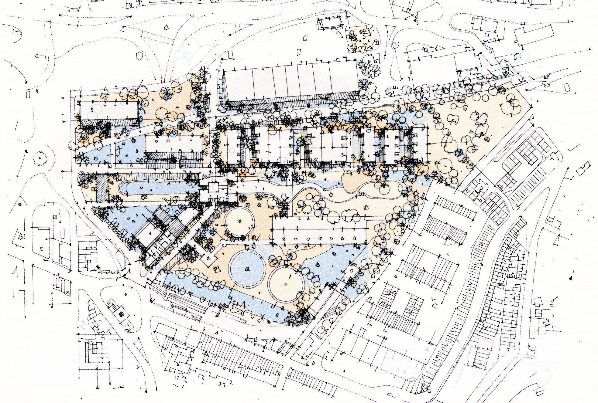 Hand-drawn masterplan sketch showing built form, streets, public spaces, water and planting across a site