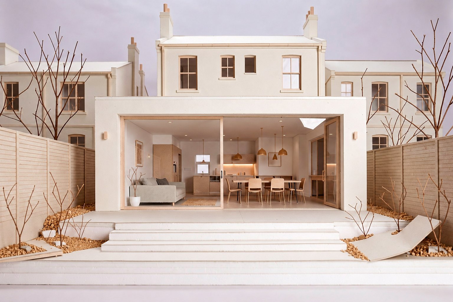 Architectural model of a rear extension and garden studio — pale board model with furnished interior, terrace steps and planting